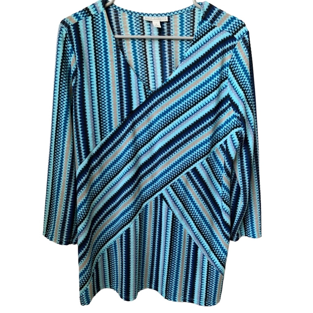 DANA BUCHMAN Womens Blue Green Tan Black Print 3/4 Sleeve Crossover Front Blouse